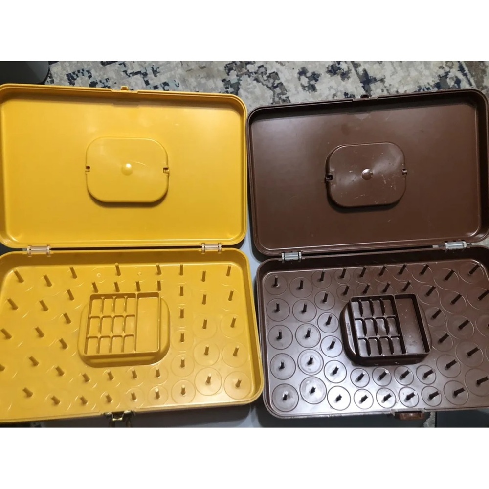 Lot of 2 Vintage Yellow Brown Wilson Wil-Hold Portable Sewing Thread/Bobbin Case